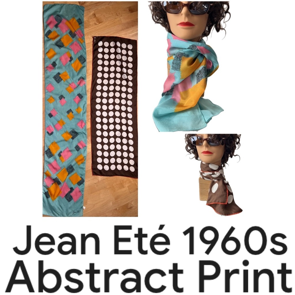 2️⃣1960s Scarves Set | Brown+White Silk Dots & Teal Geometric Acetate Jean Eté